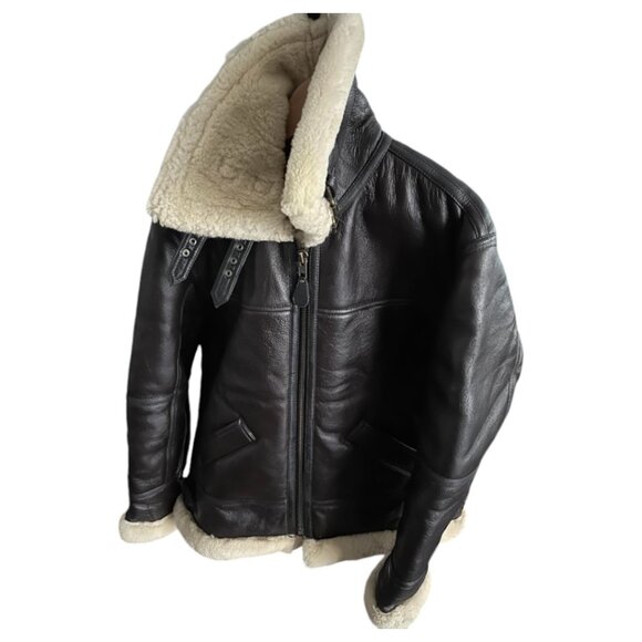 VINTAGE Style Aviator Style Mens Genuine Shearling Jacket - Brown - Picture 3 of 6